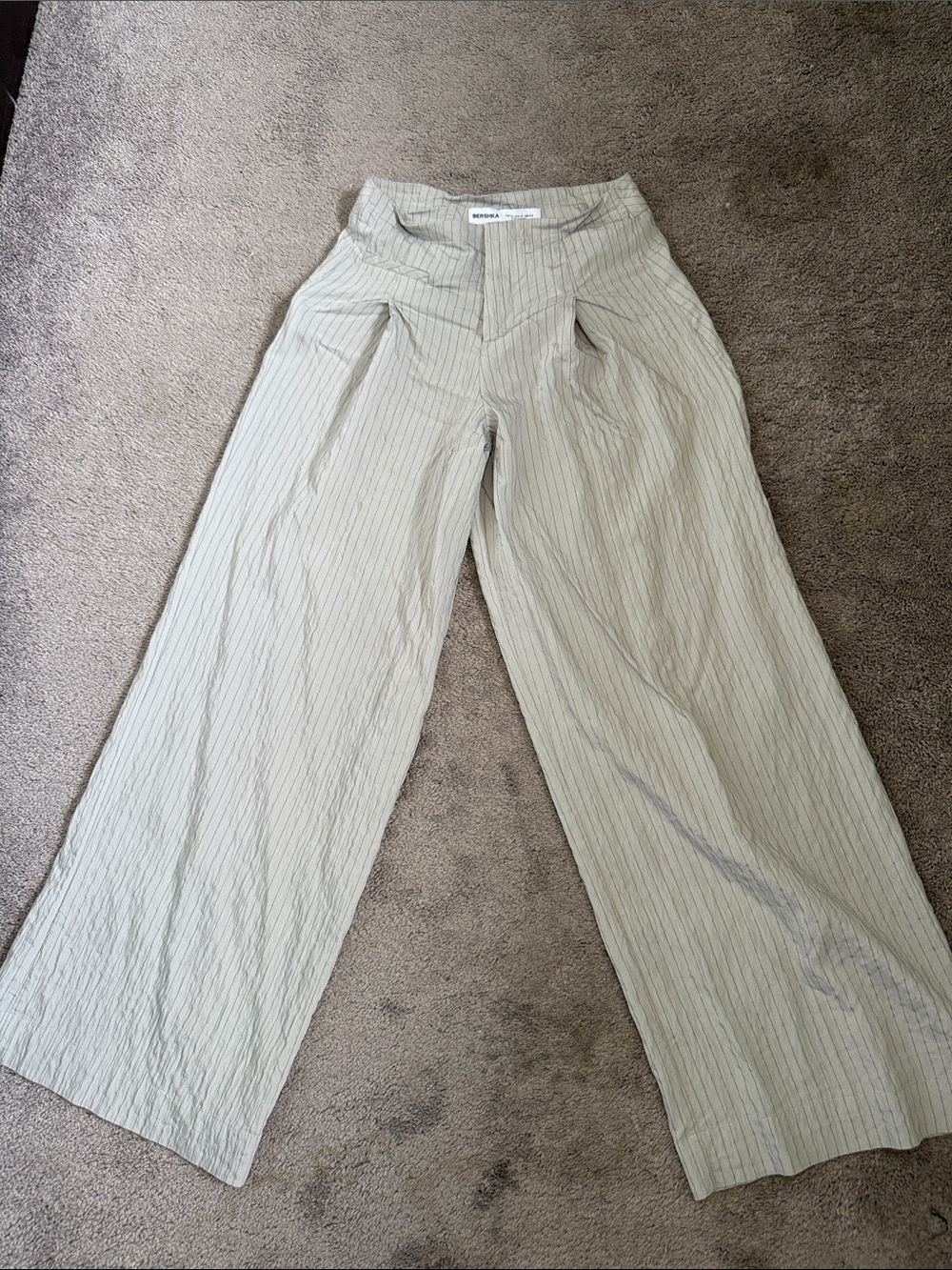 Bershka Light Beige Pinstripe Wide-Leg Pants